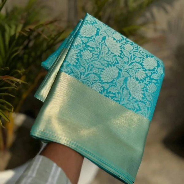 Luxurious Sky Blue Banarasi Silk Saree with Golden Floral Design and Matching Running Blouse Silk Sarees Wholesale