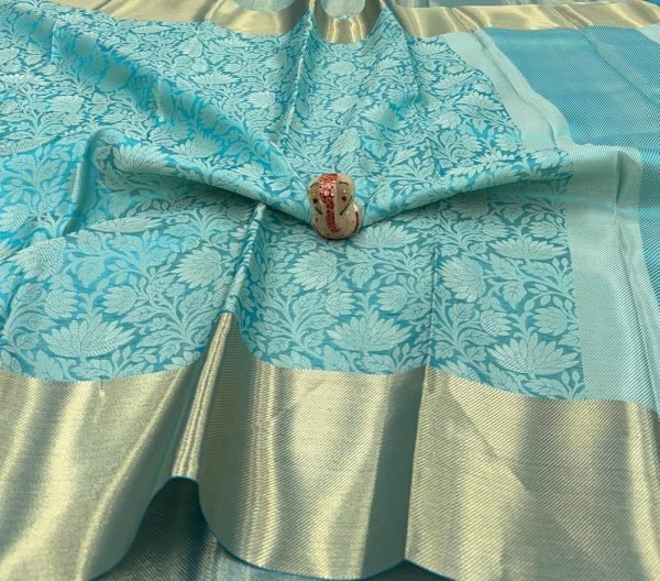 Luxurious Sky Blue Banarasi Silk Saree with Golden Floral Design and Matching Running Blouse Silk Sarees Wholesale