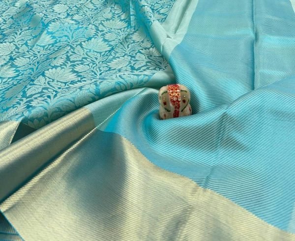 Luxurious Sky Blue Banarasi Silk Saree with Golden Floral Design and Matching Running Blouse Silk Sarees Wholesale