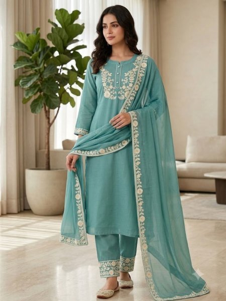 Luxurious Sky Blue Chanderi Silk Blend Embroidered Kurti Pant Dupatta Set Kurtis