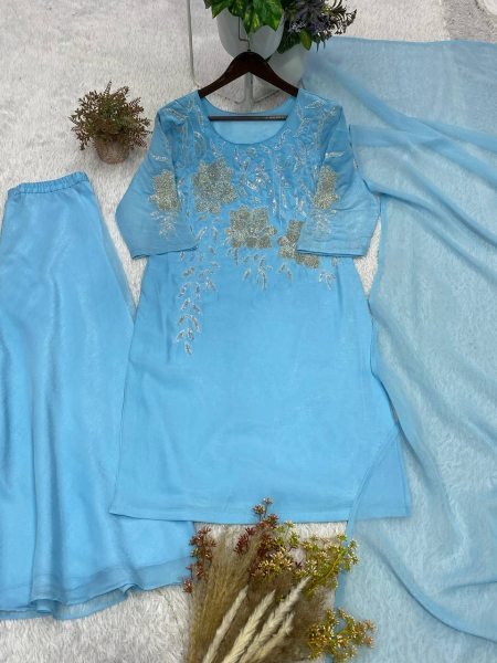 Luxurious Sky Blue Crunchy Fabric Embroidered Palazzo Set with Matching Dupatta Ready To Wear Collection