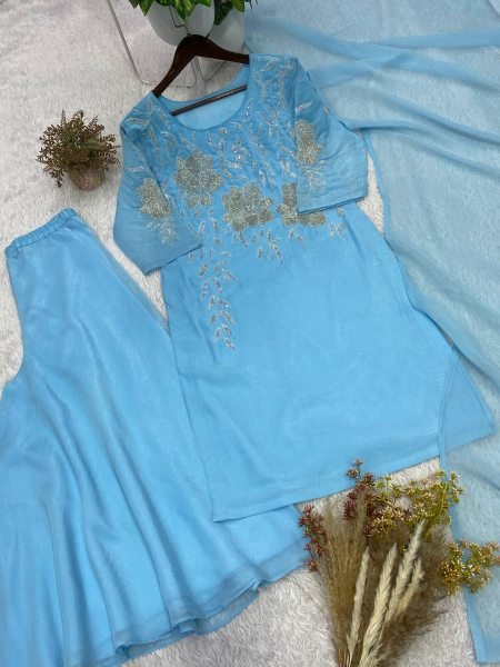 Luxurious Sky Blue Crunchy Fabric Embroidered Palazzo Set with Matching Dupatta Ready To Wear Collection