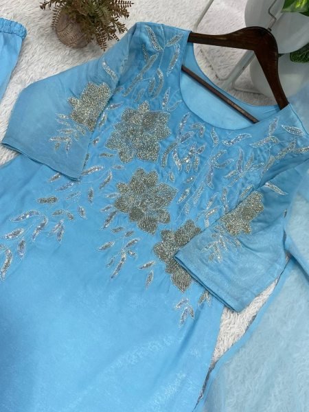 Luxurious Sky Blue Crunchy Fabric Embroidered Palazzo Set with Matching Dupatta Ready To Wear Collection