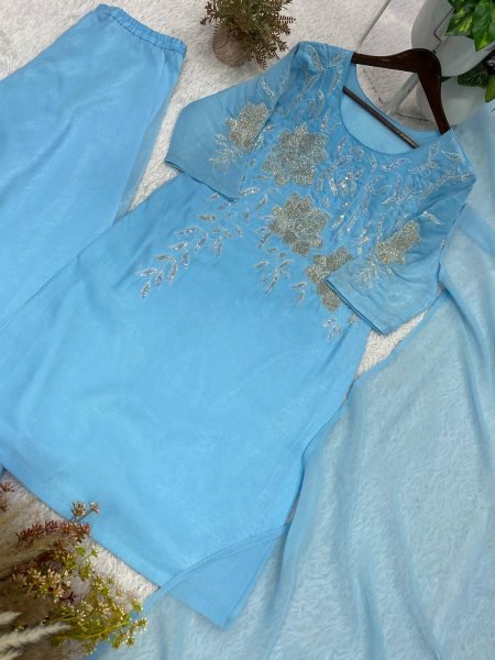 Luxurious Sky Blue Crunchy Fabric Embroidered Palazzo Set with Matching Dupatta Ready To Wear Collection
