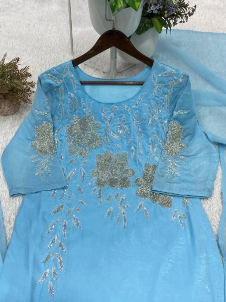 Luxurious Sky Blue Crunchy Fabric Embroidered Palazzo Set with Matching Dupatta Ready To Wear Collection
