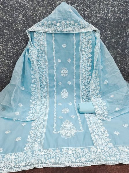 Sky Blue heavy chanderi suit with Dupatta at Wholsale Rates  in india Color Set Matching Dress Material Wholesale
