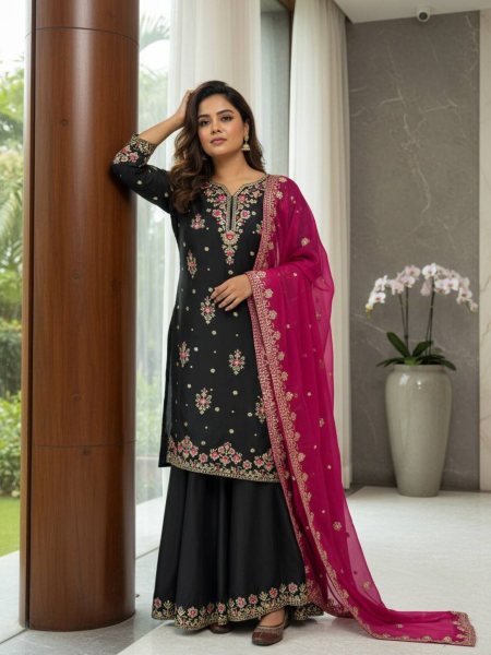 Luxurious Star Georgette Black Kurti Palazzo Set with Embroidery for Party Wear Salwar Kameez