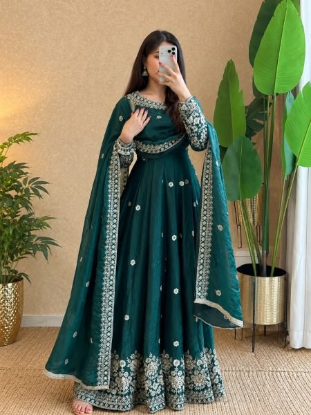 Luxurious Teal Premium Fendy Silk Embroidered Gown Set for Women at Wholesale Rate 