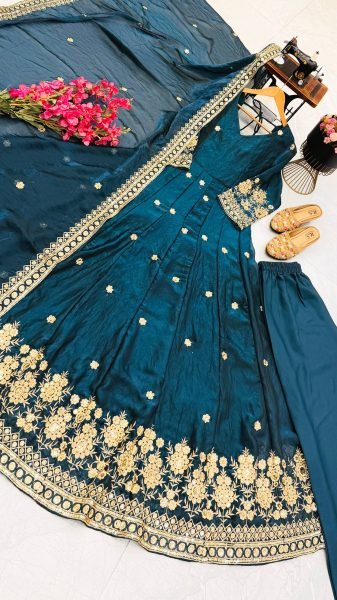 Luxurious Teal Premium Fendy Silk Embroidered Gown Set for Women at Wholesale Rate Ready To Wear Collection
