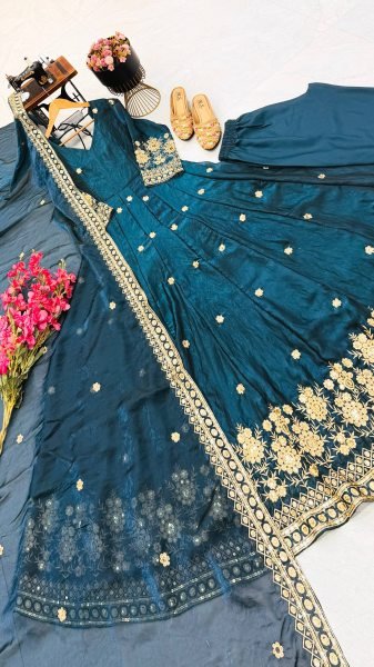 Luxurious Teal Premium Fendy Silk Embroidered Gown Set for Women at Wholesale Rate Ready To Wear Collection
