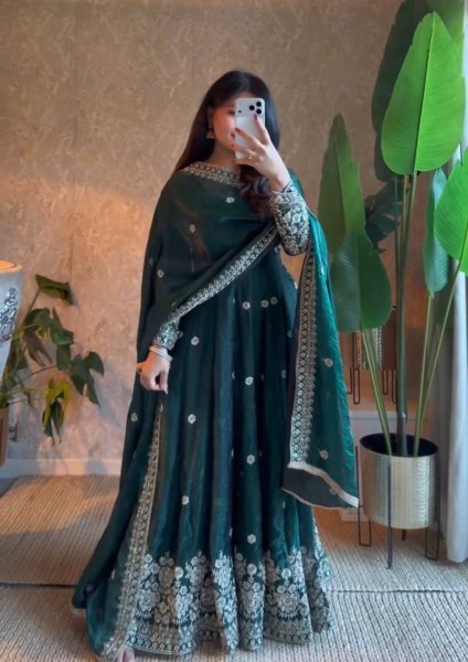 Luxurious Teal Premium Fendy Silk Embroidered Gown Set for Women at Wholesale Rate Ready To Wear Collection