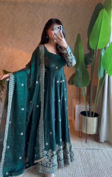 Luxurious Teal Premium Fendy Silk Embroidered Gown Set for Women at Wholesale Rate Ready To Wear Collection