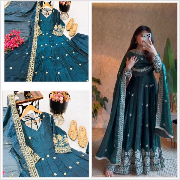 Luxurious Teal Premium Fendy Silk Embroidered Gown Set for Women at Wholesale Rate Ready To Wear Collection