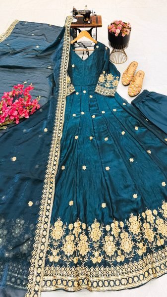 Luxurious Teal Premium Fendy Silk Embroidered Gown Set for Women at Wholesale Rate Ready To Wear Collection