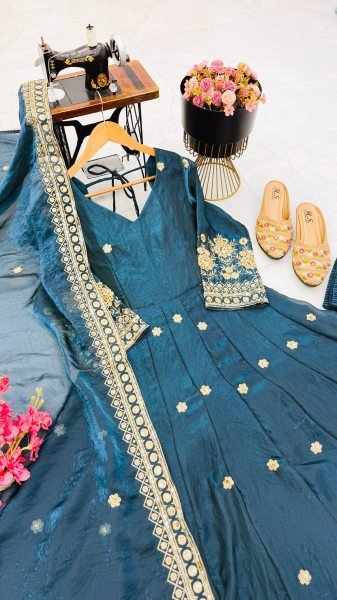 Luxurious Teal Premium Fendy Silk Embroidered Gown Set for Women at Wholesale Rate Ready To Wear Collection