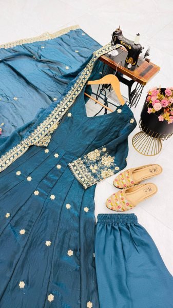 Luxurious Teal Premium Fendy Silk Embroidered Gown Set for Women at Wholesale Rate Ready To Wear Collection