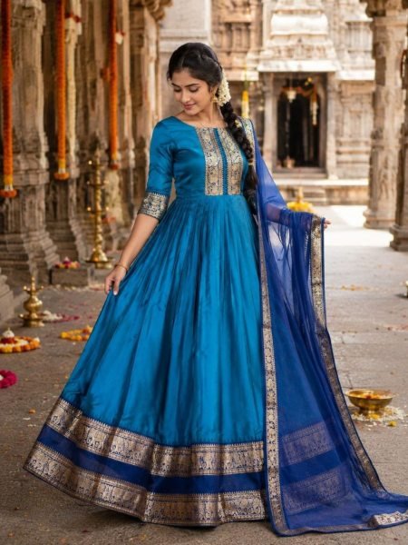 Luxurious Turquoise Blue Anarkali Gown with Rich Zari Border and Embroidered Dupatta Perfect for Temple Visits  Kurtis