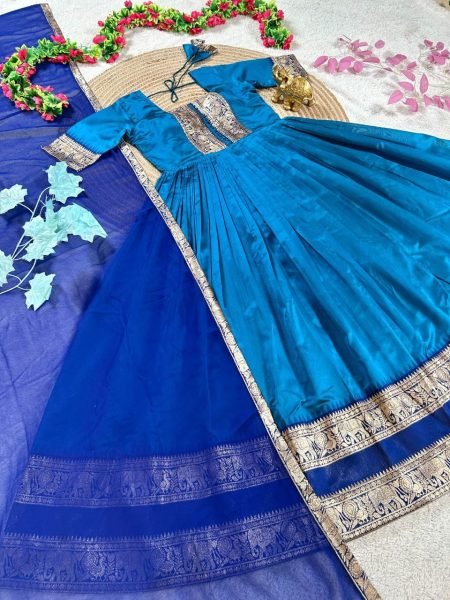 Luxurious Turquoise Blue Anarkali Gown with Rich Zari Border and Embroidered Dupatta Perfect for Temple Visits  Anarkali Kurtis 