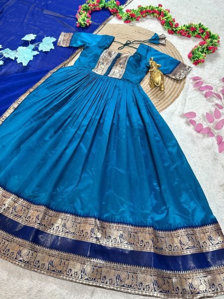 Luxurious Turquoise Blue Anarkali Gown with Rich Zari Border and Embroidered Dupatta Perfect for Temple Visits  Anarkali Kurtis 