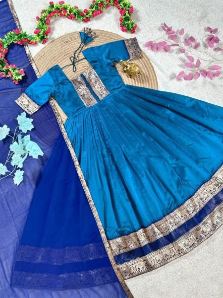 Luxurious Turquoise Blue Anarkali Gown with Rich Zari Border and Embroidered Dupatta Perfect for Temple Visits  Anarkali Kurtis 
