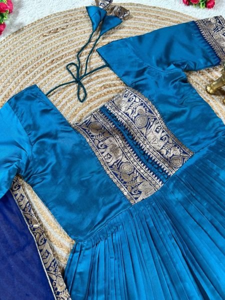 Luxurious Turquoise Blue Anarkali Gown with Rich Zari Border and Embroidered Dupatta Perfect for Temple Visits  Anarkali Kurtis 