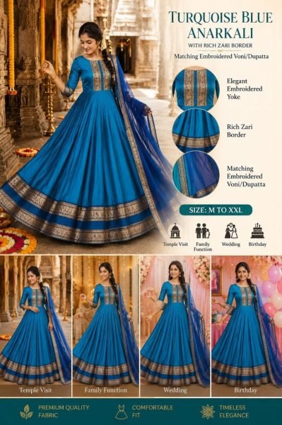 Luxurious Turquoise Blue Anarkali Gown with Rich Zari Border and Embroidered Dupatta Perfect for Temple Visits  Anarkali Kurtis 