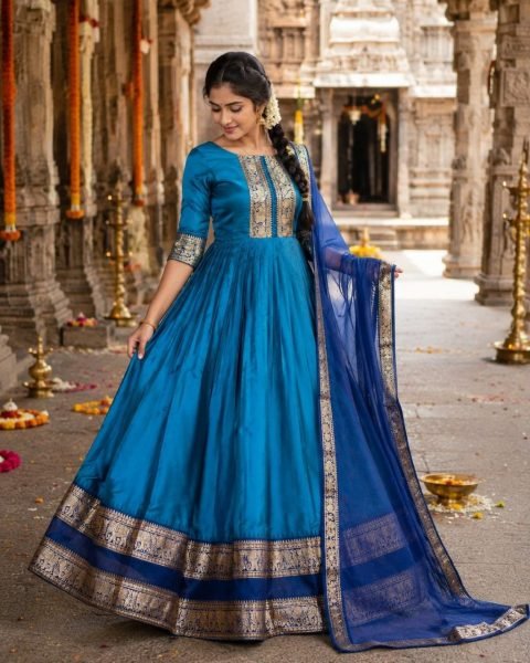 Luxurious Turquoise Blue Anarkali Gown with Rich Zari Border and Embroidered Dupatta Perfect for Temple Visits  Anarkali Kurtis 