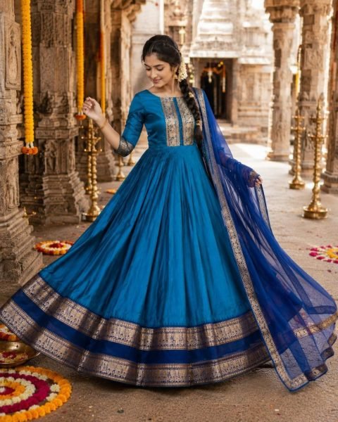 Luxurious Turquoise Blue Anarkali Gown with Rich Zari Border and Embroidered Dupatta Perfect for Temple Visits  Anarkali Kurtis 