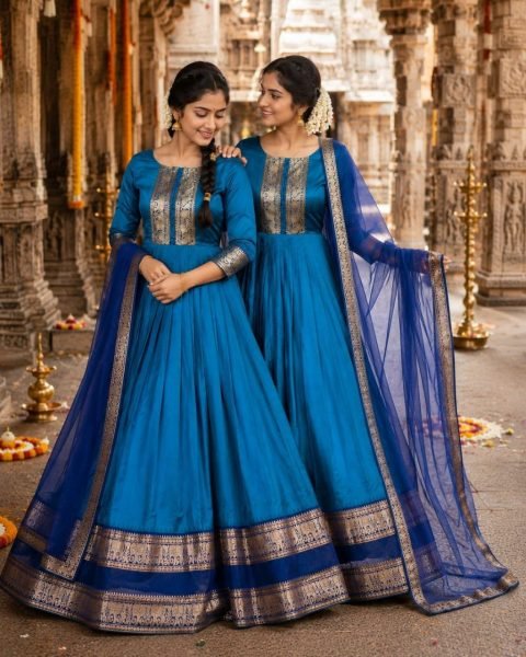 Luxurious Turquoise Blue Anarkali Gown with Rich Zari Border and Embroidered Dupatta Perfect for Temple Visits  Anarkali Kurtis 