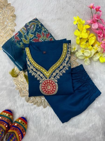  luxurious  Vatican Silk Embroidered Kurti Pant Dupatta Set at Wholesale Rates 3 Piece Kurti Set