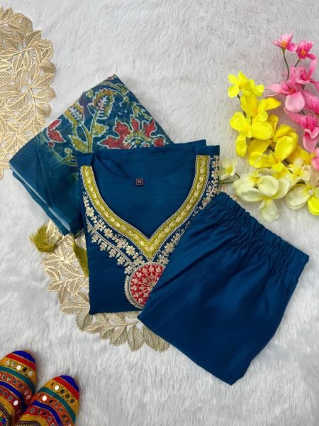  luxurious  Vatican Silk Embroidered Kurti Pant Dupatta Set at Wholesale Rates 3 Piece Kurti Set
