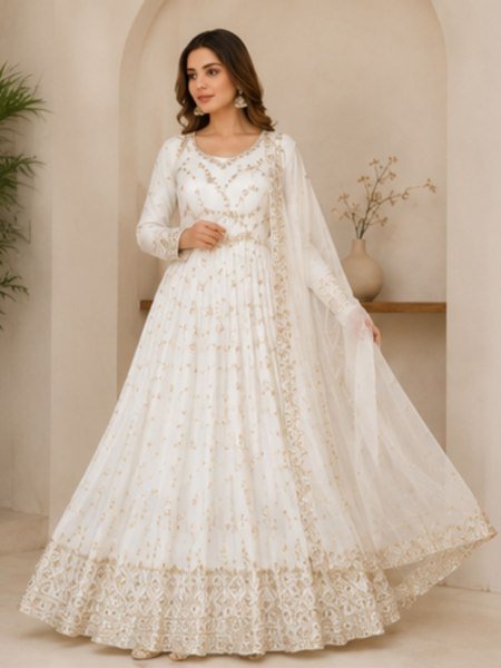 Luxurious White Chinon Silk Anarkali with Full Sleeves And Cutwork Dupatta For Women 