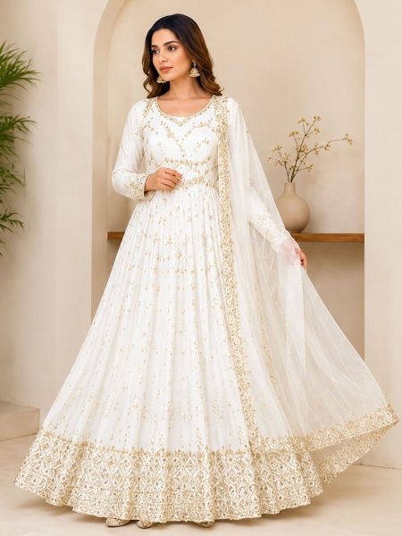 Luxurious White Chinon Silk Anarkali with Full Sleeves And Cutwork Dupatta For Women Ready To Wear Suit
