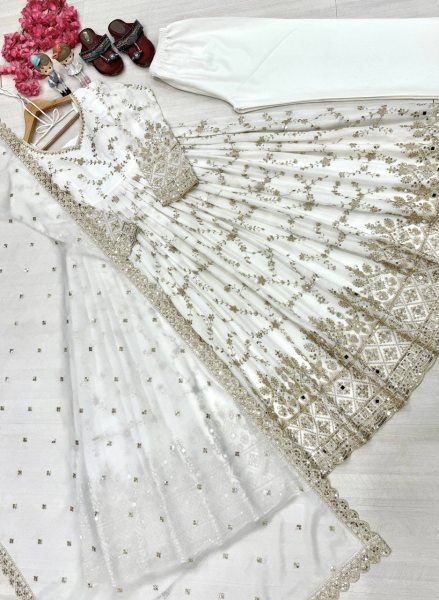 Luxurious White Chinon Silk Anarkali with Full Sleeves And Cutwork Dupatta For Women Ready To Wear Collection