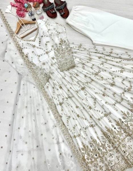 Luxurious White Chinon Silk Anarkali with Full Sleeves And Cutwork Dupatta For Women Ready To Wear Collection