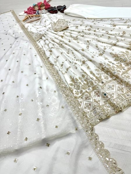 Luxurious White Chinon Silk Anarkali with Full Sleeves And Cutwork Dupatta For Women Ready To Wear Collection