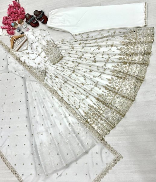 Luxurious White Chinon Silk Anarkali with Full Sleeves And Cutwork Dupatta For Women Ready To Wear Collection
