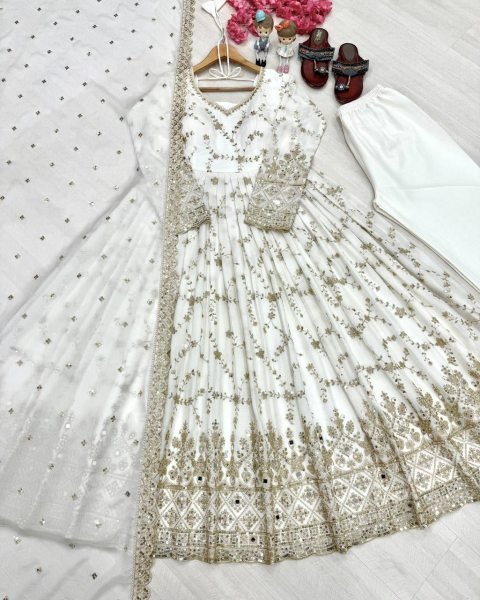 Luxurious White Chinon Silk Anarkali with Full Sleeves And Cutwork Dupatta For Women Ready To Wear Collection