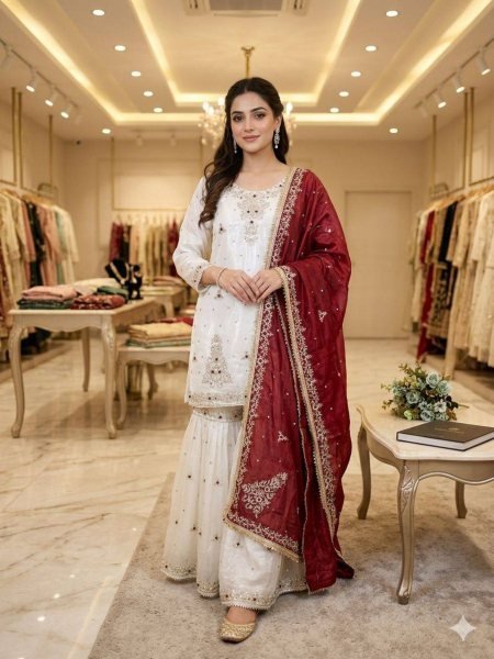 Luxurious White Fandy Silk Sharara Suit with Sequins Embroidery for Wedding Wear Ready To Wear Suit