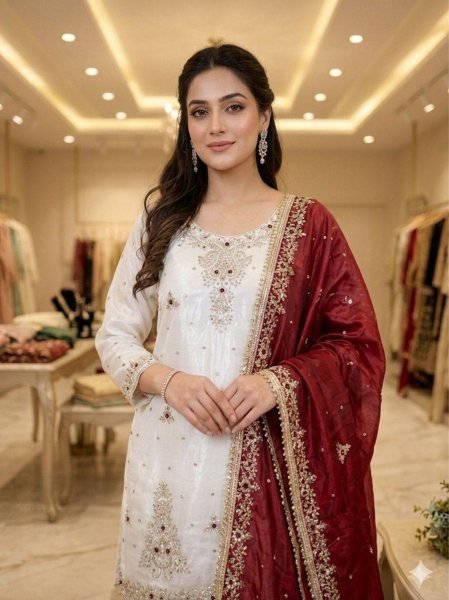 Luxurious White Fandy Silk Sharara Suit with Sequins Embroidery for Wedding Wear Ready To Wear Collection