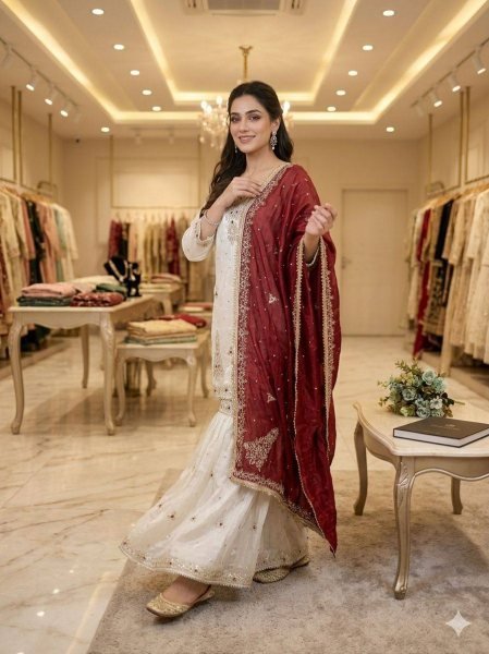 Luxurious White Fandy Silk Sharara Suit with Sequins Embroidery for Wedding Wear Ready To Wear Collection