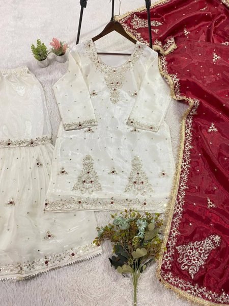 Luxurious White Fandy Silk Sharara Suit with Sequins Embroidery for Wedding Wear Ready To Wear Collection