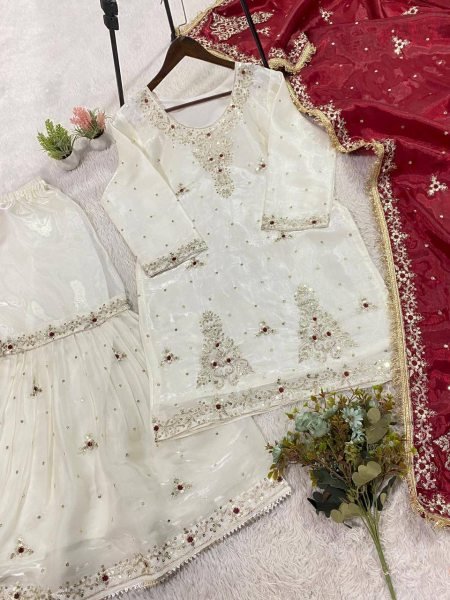 Luxurious White Fandy Silk Sharara Suit with Sequins Embroidery for Wedding Wear Ready To Wear Collection