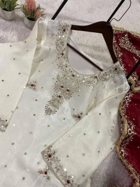 Luxurious White Fandy Silk Sharara Suit with Sequins Embroidery for Wedding Wear Ready To Wear Collection