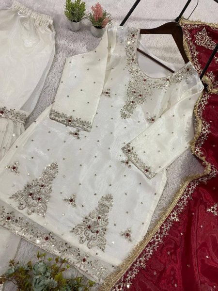 Luxurious White Fandy Silk Sharara Suit with Sequins Embroidery for Wedding Wear Ready To Wear Collection