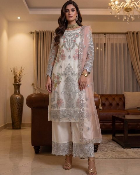 Luxurious white Heavy Net Pakistani kurta set With Duppta And Embroidery Sequence Zari Work  Ready To Wear Suit