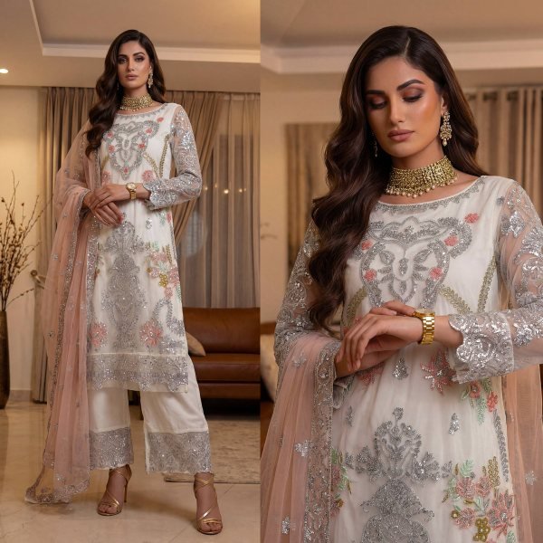 Luxurious white Heavy Net Pakistani kurta set With Duppta And Embroidery Sequence Zari Work  Ready To Wear Collection