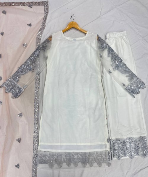 Luxurious white Heavy Net Pakistani kurta set With Duppta And Embroidery Sequence Zari Work  Ready To Wear Collection