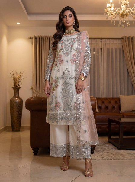 Luxurious white Heavy Net Pakistani kurta set With Duppta And Embroidery Sequence Zari Work  Ready To Wear Collection