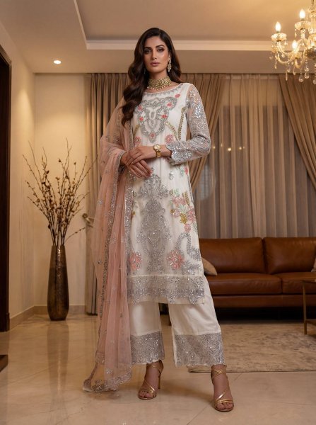Luxurious white Heavy Net Pakistani kurta set With Duppta And Embroidery Sequence Zari Work  Ready To Wear Collection